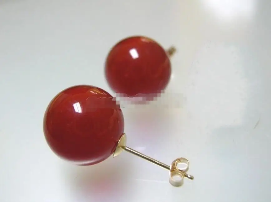 

Hot sale new Style >>>>10mm Natural Ruby Red Jade Round 14K Gold Stud Earrings