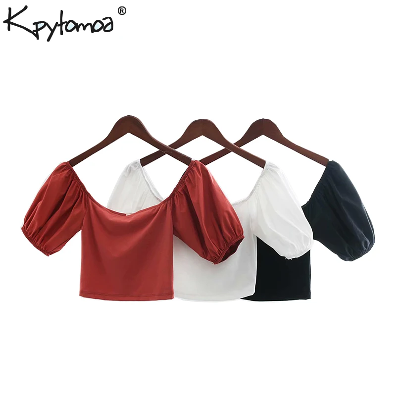 

Vintage Sexy Off Shoulder Solid Short Style Tops Women Blouses 2019 Fashion Puff Sleeve Streetwear Shirts Casual Blusas Mujer
