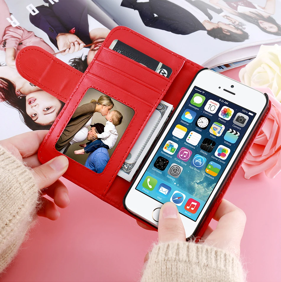 KISSCASE Wallet Pouch Style Flip Leather Case For iPhone 6 6S Plus 5 5S SE 5C 4 4S Photo Frame + Card Slots Stand Magnetic Cover (2)