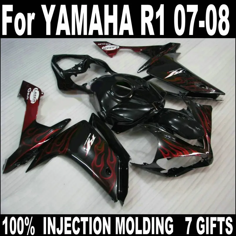 

Motorcycle unpainted bodywork fairing kit for Yamaha YZFR1 2007 2008 red flames black fairings set YZFR1 07 08 BC80