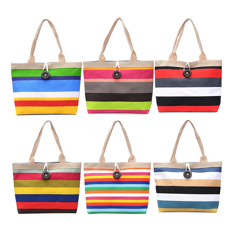 

1 Pc Shopping Handbag High Quality Women Girls Canvas Large Striped Summer Shoulder Tote Beach Bag Colored Stripes