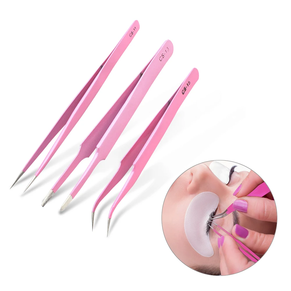 

Pink High Precision Stainless Steel Tweezer Professional Straight Bend Eye Lashes Tweezer Beauty Tools For Eyelash Extension
