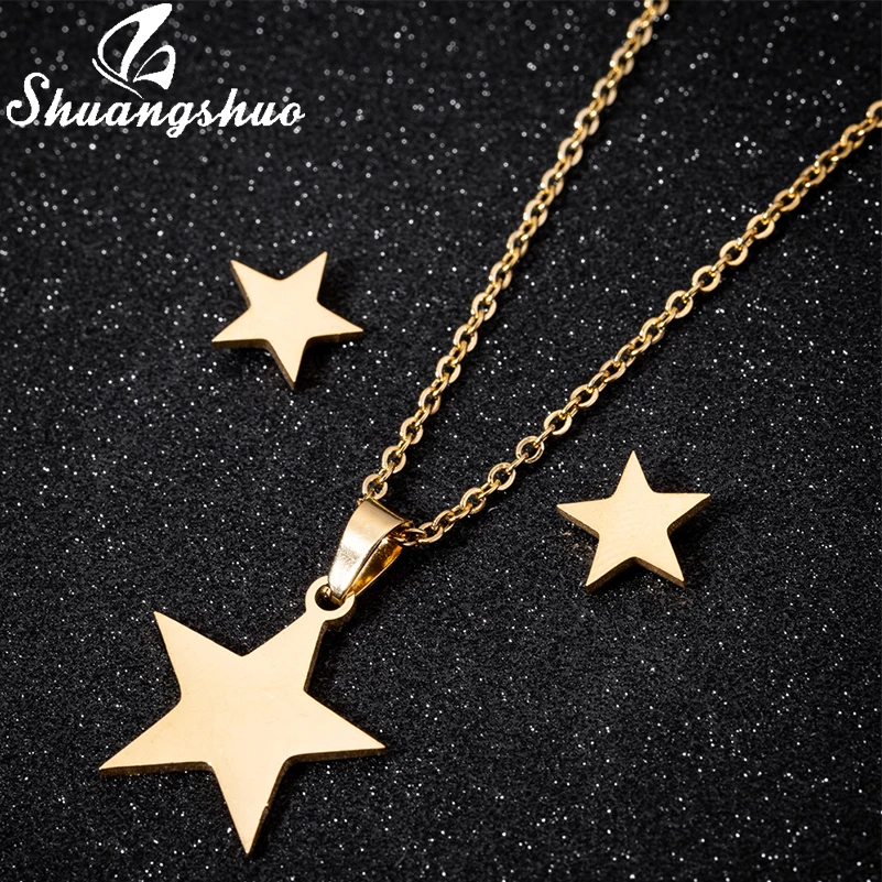 Shuangshuo, нержавеющая сталь, Золотая Звезда, подвеска, ожерелье, серьги, ювелирные наборы для женщин, маленькая звезда, свадебные серьги, наборы