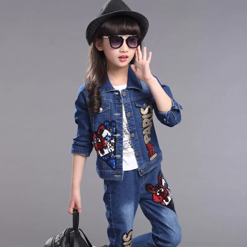 Fashion Girl Clothes Set Blue Jeans Jacket Trousers Set Paillette Sequin Decorated Korean Kids Clothes Casual Girls Spring Wear Fashion Girl Clothes Set Blue Jeans Jacket Trousers Set Paillette Sequin Decorated Korean Kids Clothes Casual Girls Spring Wear