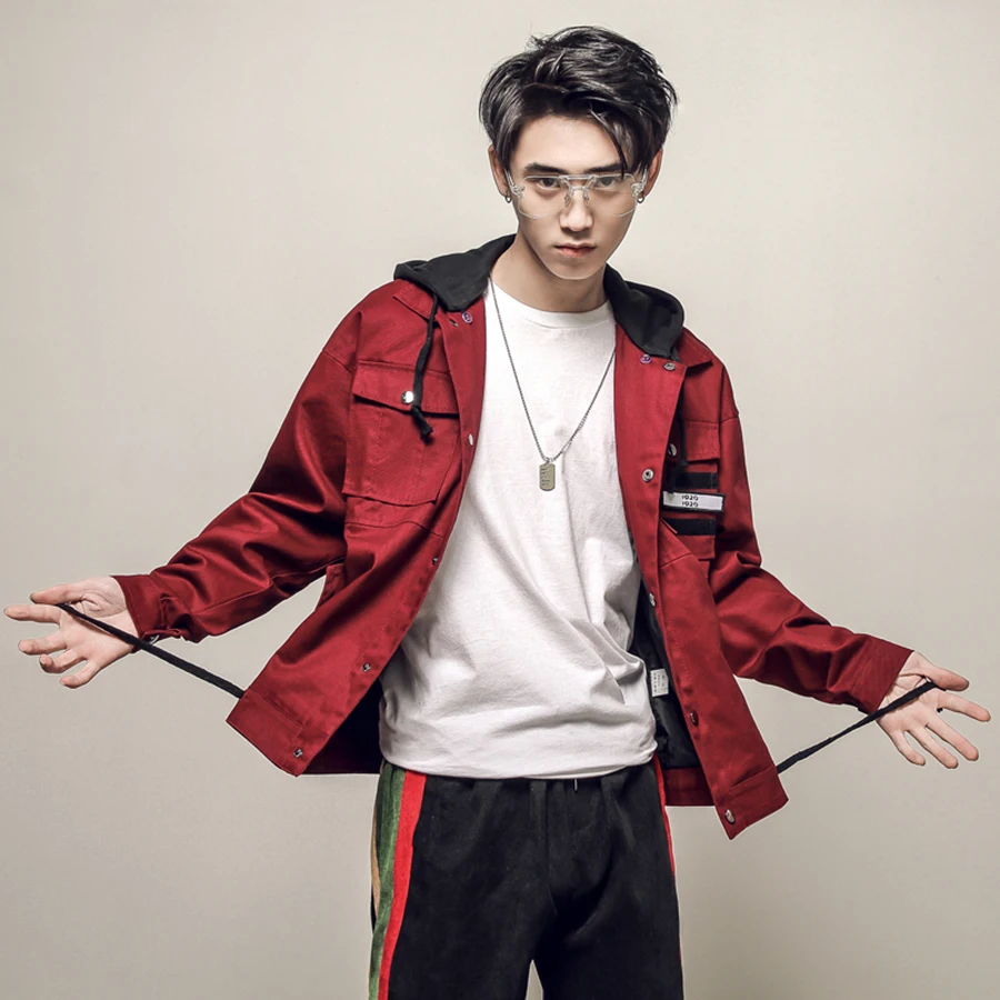 Hip Hop Men Jacket Casual Hooded Japanese Harajuku Streetwear Jacket Windbreaker Cargo Red High Street Coat Spring Drop Shipping