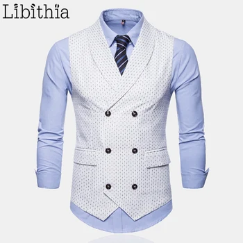 

Print Suit Vest Men Casual Double-breasted Big Size 4XL Dress Wedding Autumn Fashion Waistcoat Clothes Male Black White T189