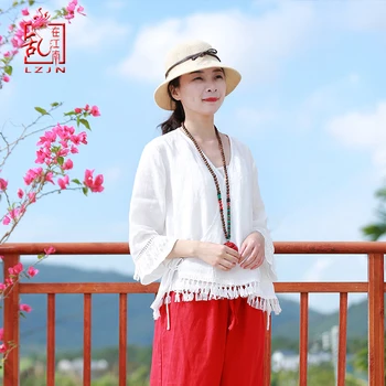 

LZJN Chinese Hanfu Vintage Blouse Women Tang Suit Tops White Kimono Blouses Hollow Cuff Tassels Ethnic Blusas Chemise Femme 2189