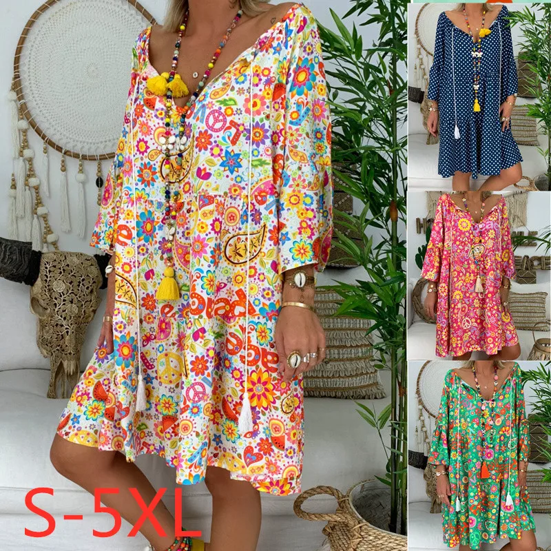 3-4-Sleeve-Loose-Dress-2019-Summer-Thin-Boho-Beach-Dresses-Women-Tunic-Casual-Tie-V (3)
