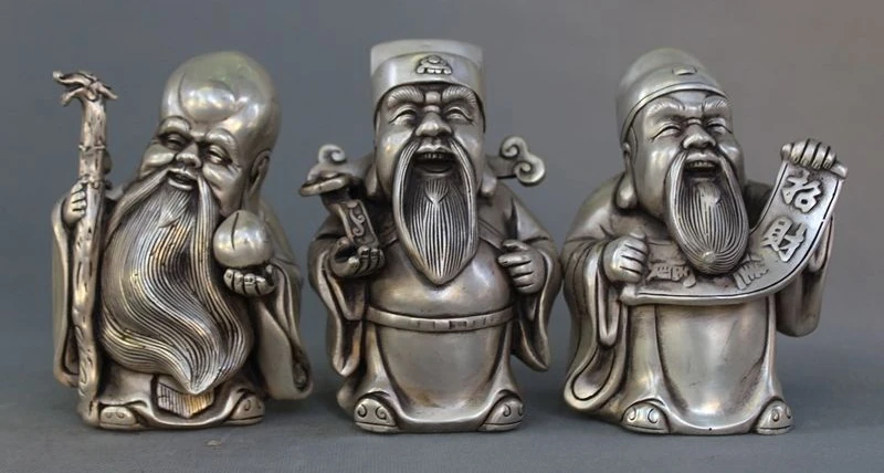

Chinese Silver Longevity God Wealth Ruyi Peach Fukurokuju 3 Buddha Statue Set