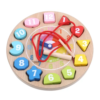 

Children's Intelligence Wooden Digital Animal Wearing Rope Toy Baby Beading Game Creative Clock Large Building Blocks