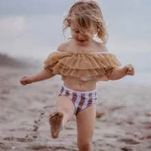 szyadeou Лето Малыш Одежда для детей; малышей; девочек тюль в полоску, купальник с рюшами+ шорты для купального костюма комплект Костюмы, одежда для купания для девочек, F1
