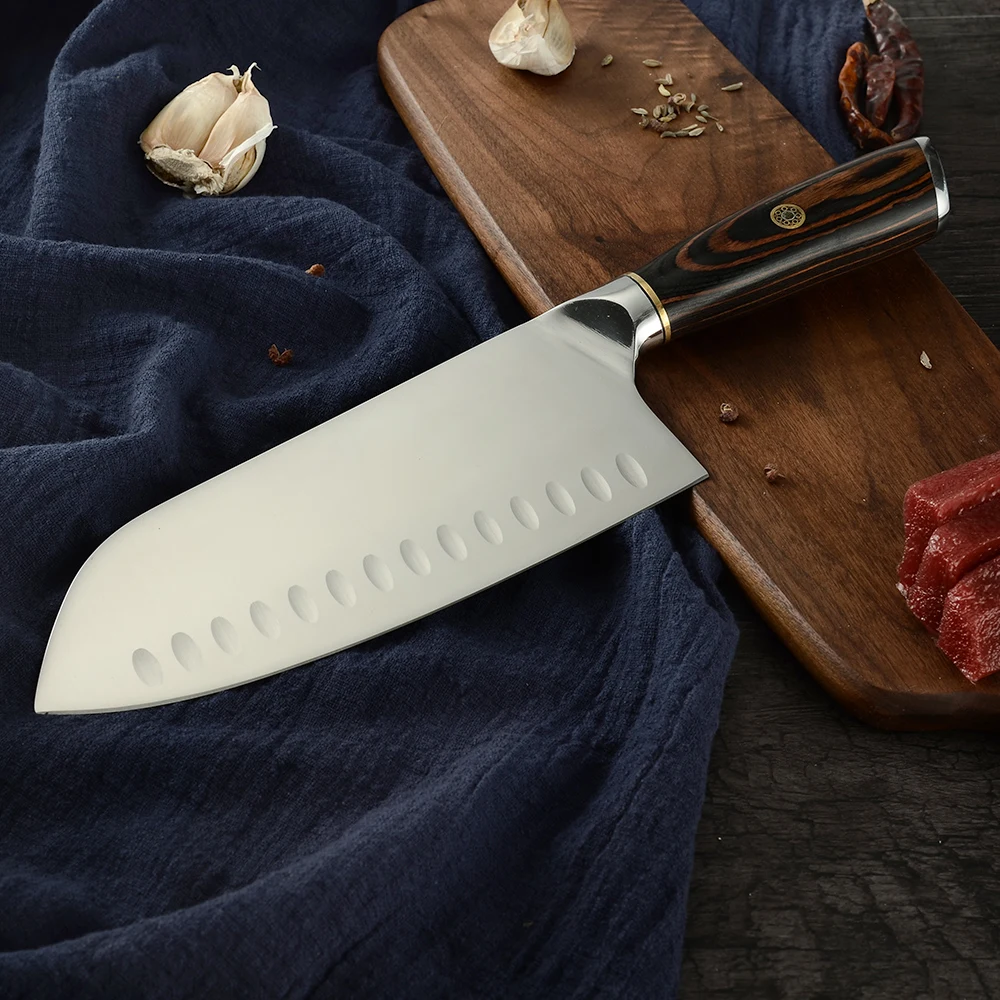 Нож Santoku из нержавеющей стали AINZUO 7,5 дюймов 5Cr15 стальной нож дизайн двойного назначения для разделки и резки кухонного ножа