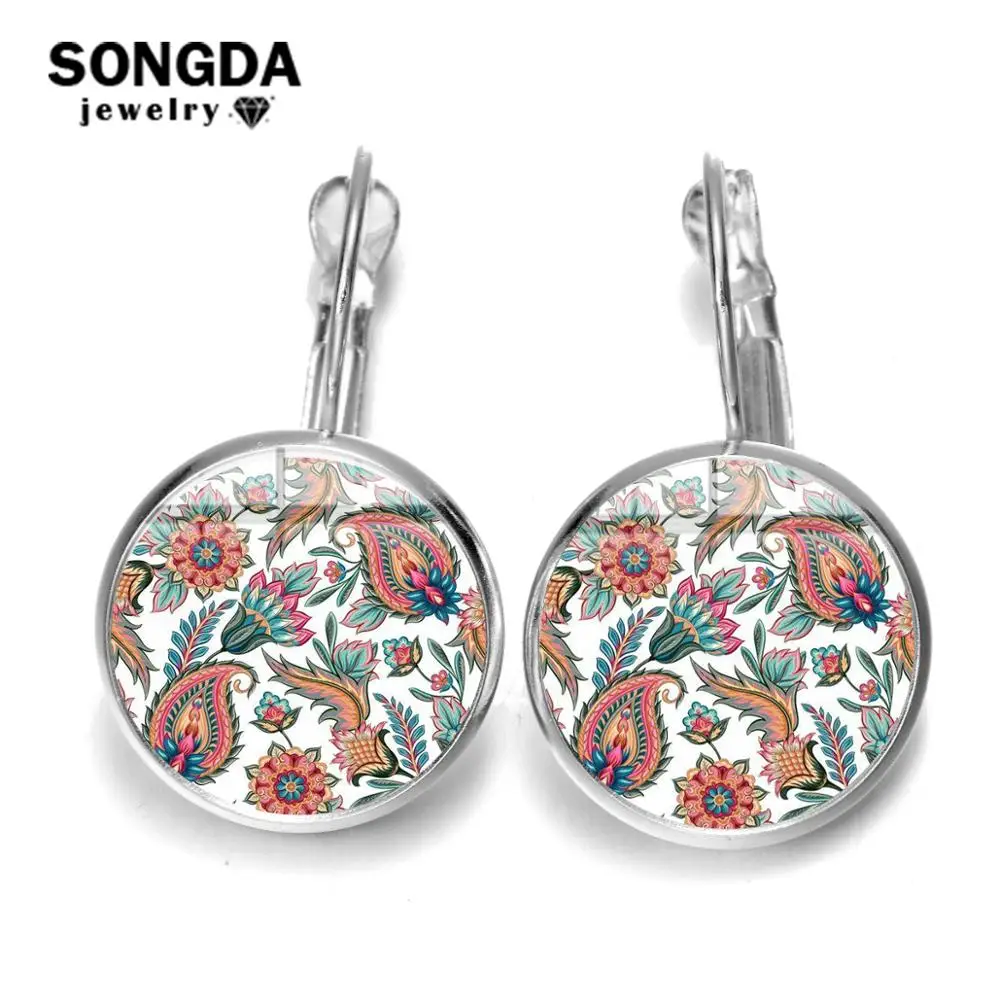 

SONGDA Luxury Boho Paisley Flower Dangle Earrings Multiple 13 Style Henna Mandala Art Patterns Glass Cabochon Earrings for Women