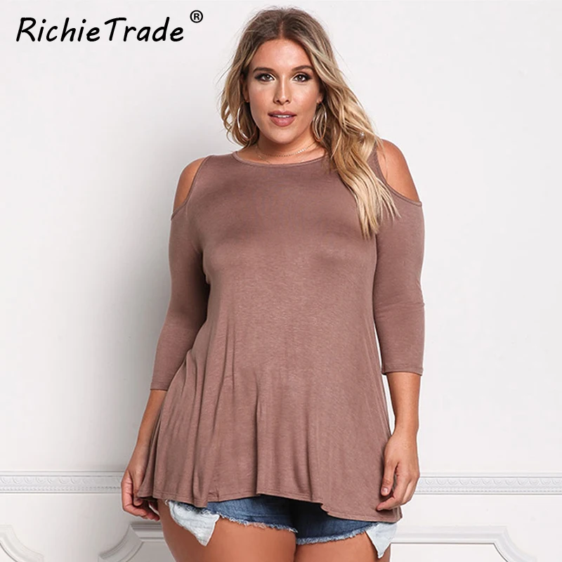 

RICHIETRADE Solid Off Shoulder Women T Shirt Round Neck Long Sleeve Spring Tee Shirt 2017 Plus Size Casual Slim Womens T-Shirts