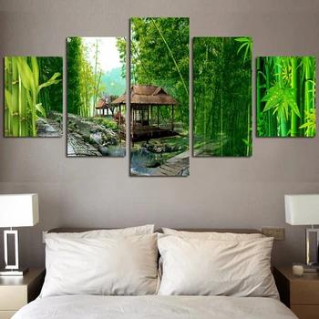 

Embelish 5 Panels HD Print On Canvas Painting For Living Room Green Bamboo Landscape Wall Posters Home Decor Modular Pictures