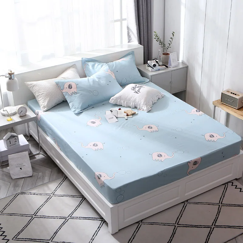 

White Cartoon Pattern 3Pcs 100% Cotton Soft Printed Solid Fitted Sheet Mattress Cover Four Corners With Elastic Band Bed Sheet