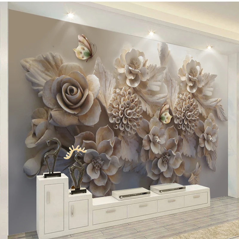 3D фотообои с тиснеными цветами и бабочками на заказ для гостиной ТВ фона
