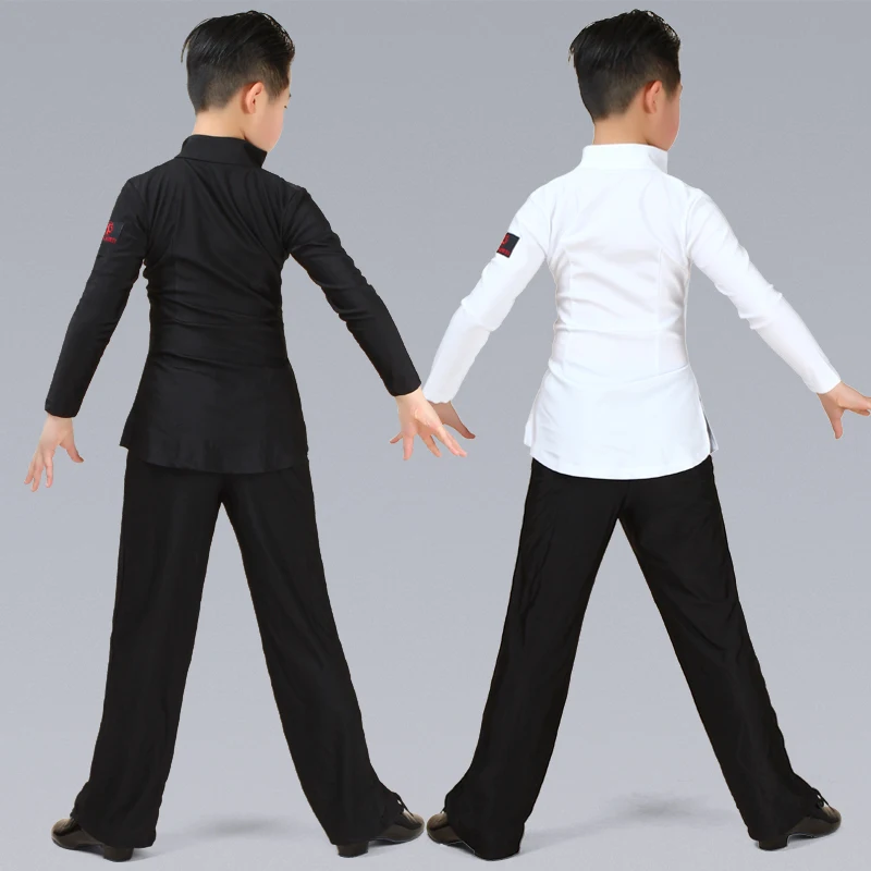 Топ для латинских танцев, для мальчиков, Сексуальная рубашка с v-образным вырезом, черные широкие штаны, детские костюмы для латинских танцев, костюмы для детей, Румба, ча-ча, DN3228