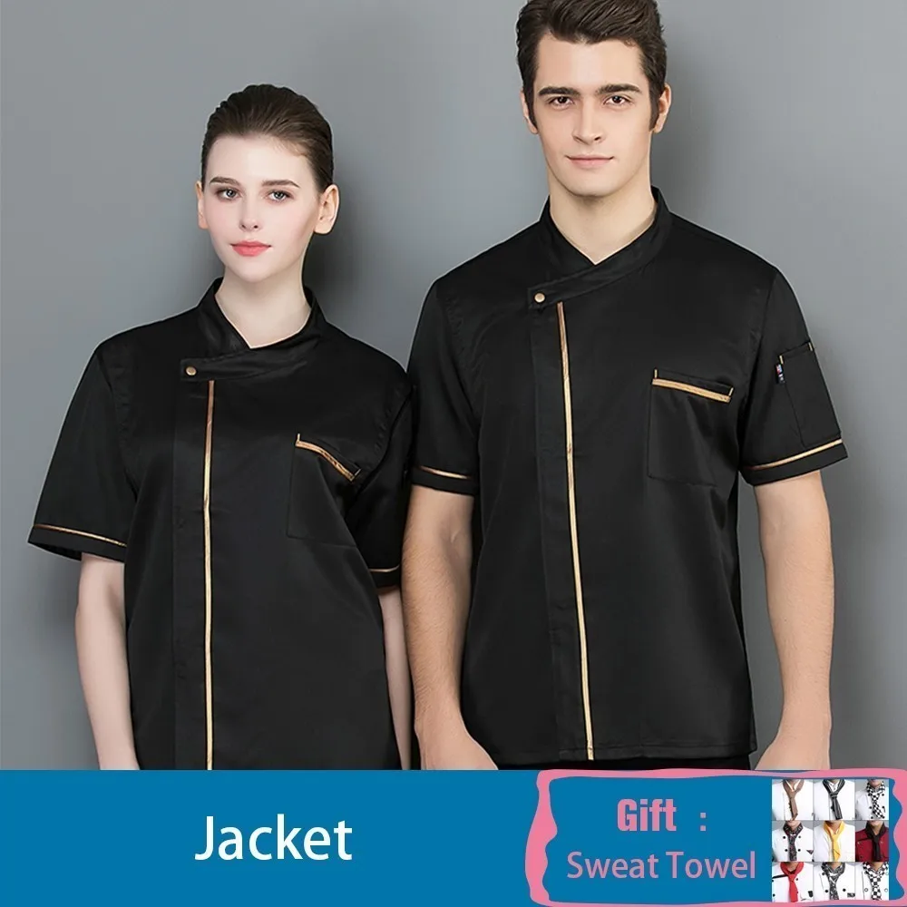 Chef Uniform Short Sleeve Phnom Penh Cook Jacket Summer Restaurant Hotel Barbers Work Shirt Unisex Wholesale Estampar El Nombre - Color: Black