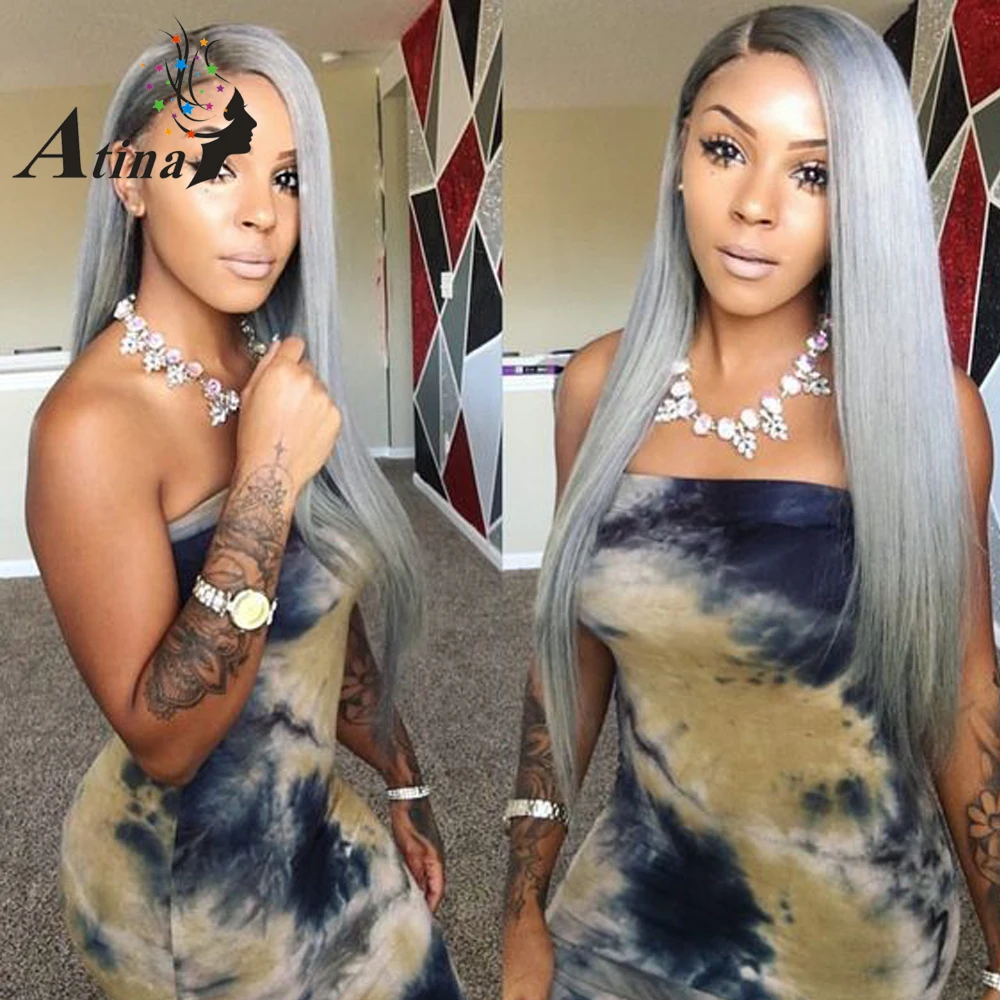

Silver Grey Ombre Lace Front Wig Straight Two Tone Lace Front Human Hair Wigs Pre Plucked Virgin Remy Lace Wigs 1 Inch Dark Root