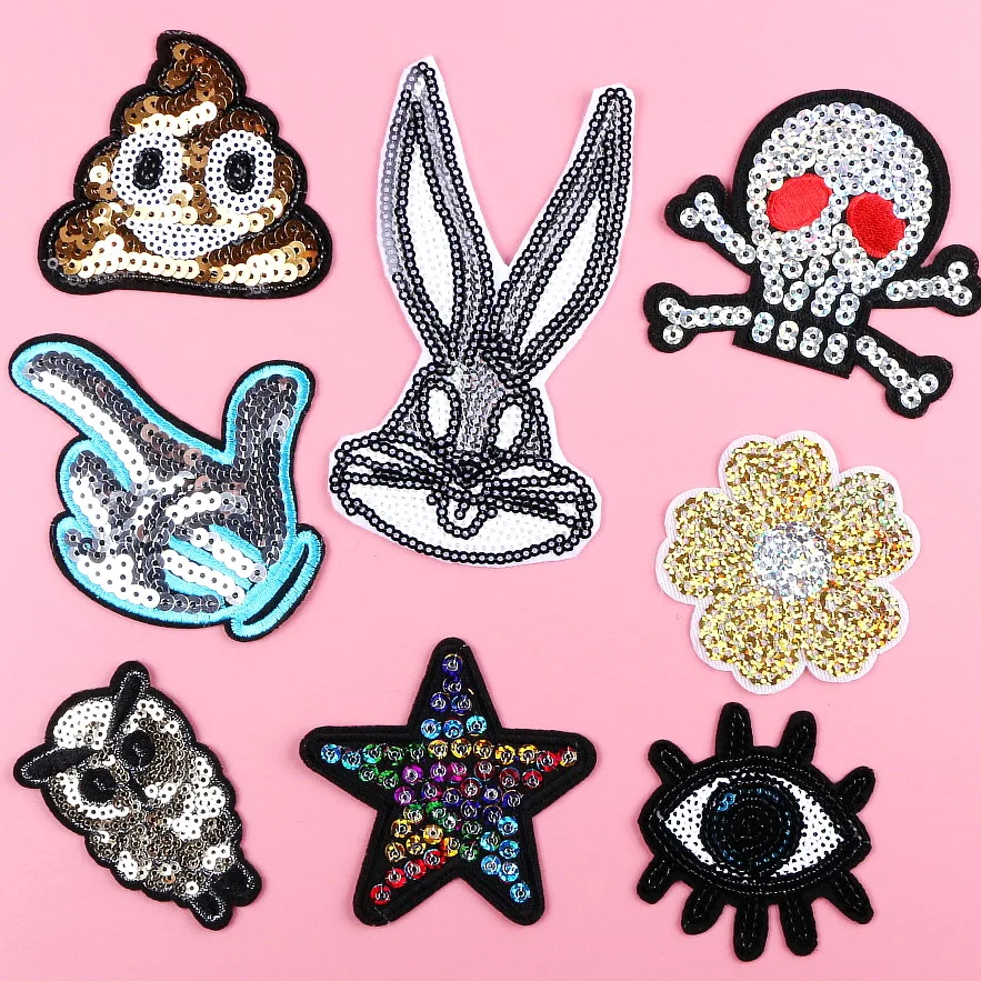 1 pcs/lot Brand Patch Finger Flower Shine Sequin Patches Iron On Fabric