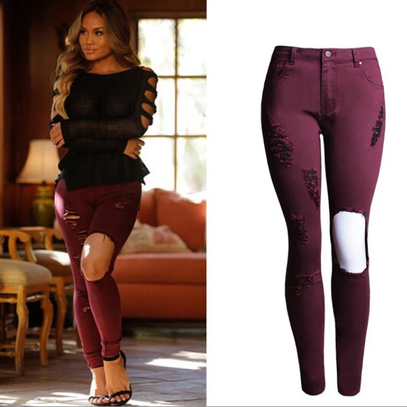 Nice font b Women b font Skinny Wine Red Jeans Elastic Slim Torn Hole Knee Ripped