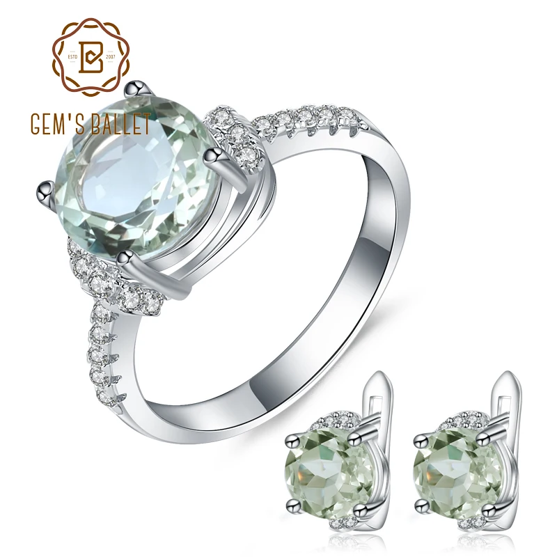 

GEM'S BALLET Natural Green Amethyst Earrings Ring Set 925 Sterling Silver Gemstone Jewelry Set For Women Wedding Fine Jewelry