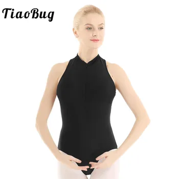 

TiaoBug Adult High Neck Sleeveless Ruffle Mesh Back Solid Color Bodysuit Dancewear Gymnastics Leotard Women Ballet Dance Costume