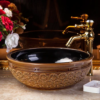 

Round Ceramic Art Basin Sink Counter Top Wash Basin Bathroom Vessel Sinks vanities washing basin for hotel