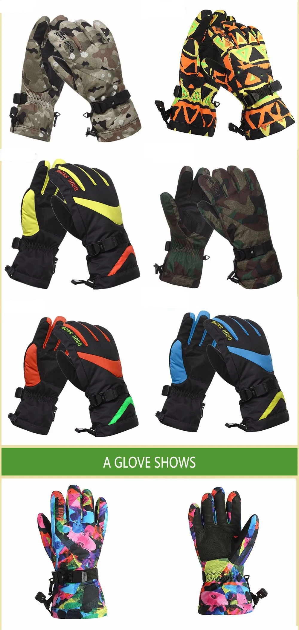 GSOU зимние лыжные перчатки мужские Красочные Теплые камуфляжные перчатки для сноуборда-30 градусов наружные водонепроницаемые мужские снежные разноцветные