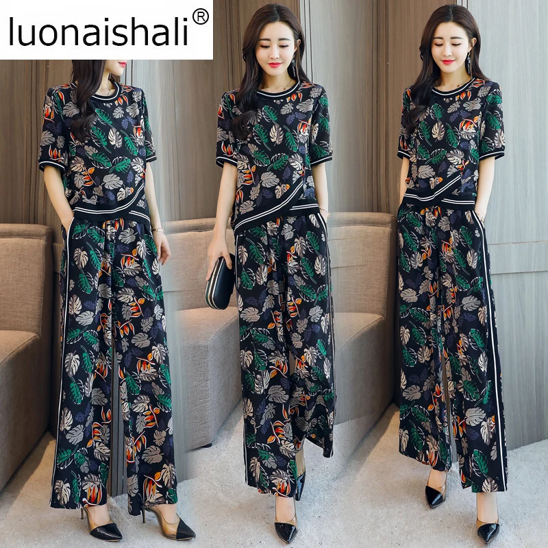 

Spring Summer New Arrival Women Printed Blouse+ Elastic Waist Pants Two Pieces Set Female 2019 Spring Women's Suit C016