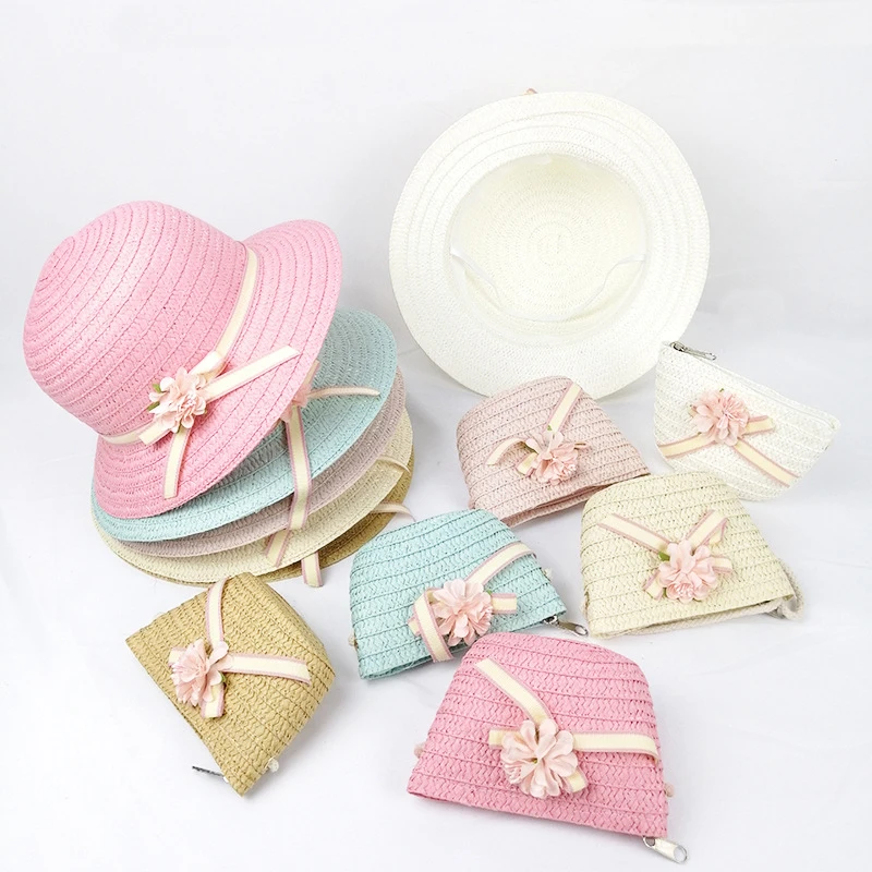 SUEF/ hot new cute rabbit head children straw hat girl princess hat travel student sunshade beach hat two-piece