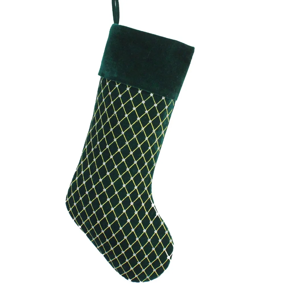 

New arrivel set of 2 pcs Green Velvet design Diamond Glitter BlingBling Printed with Velvet cuff Christmas stocking P4728