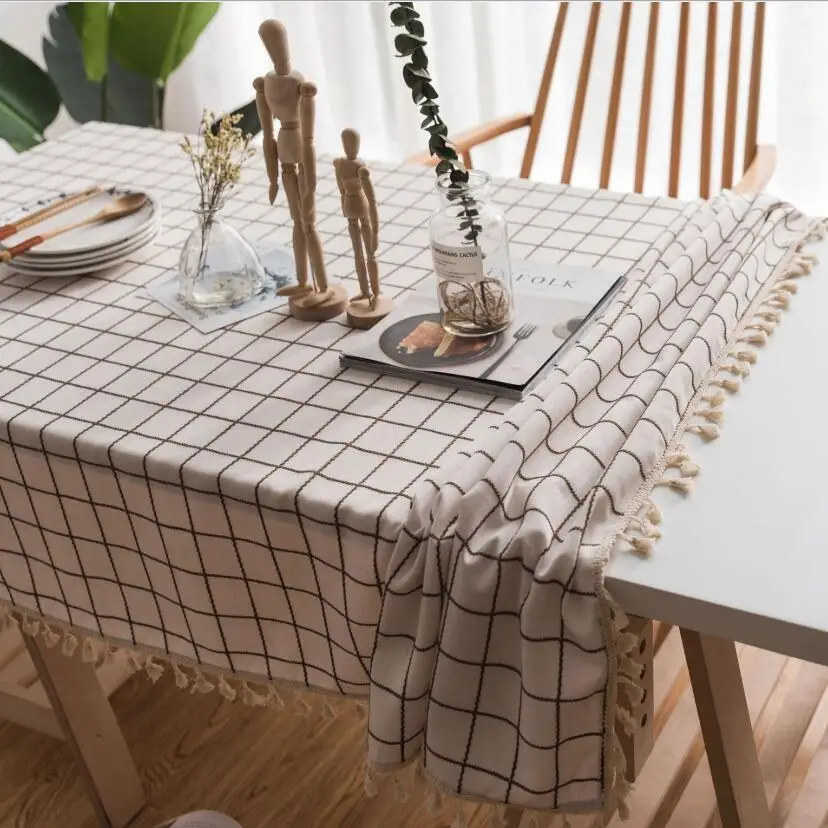 

High Quality Grid Embroidery Tablecloth Square Rectangular Elegant Tassel Plaid Table Cloth Home Decor Dining Table Cover ZC042