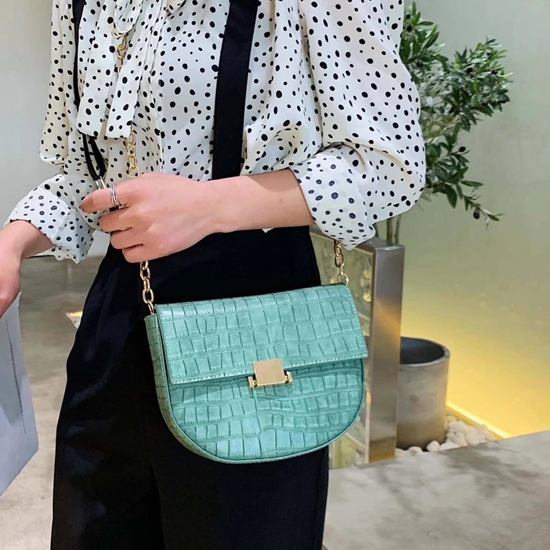 خمر الأخضر التمساح نمط سلسلة Crossbody حقائب للنساء 2019 حقيبة صغيرة بو الجلود اليد حقيبة السيدات مصمم مساء أكياس