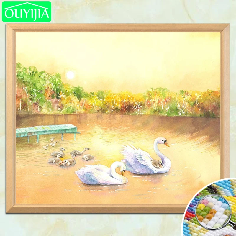 OUYIJIA The Swans Family In Gold Sun 5D DIY Diamond Painting Full Square Embroidery Picture Rhinestones Mosaic | Дом и сад