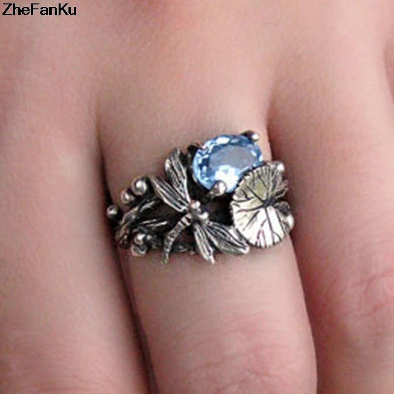 

New Vintage Silver Color Leaf Dragonfly Crystal Zircon Ring SZ 6/7/8/9/10 Copper Rings for Women Anniversary Gift Jewelry