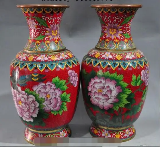 

S01994 15"chinese bronze Cloisonne Phoenix bird flower statue pair Bottle Pot Vase Jar B0403
