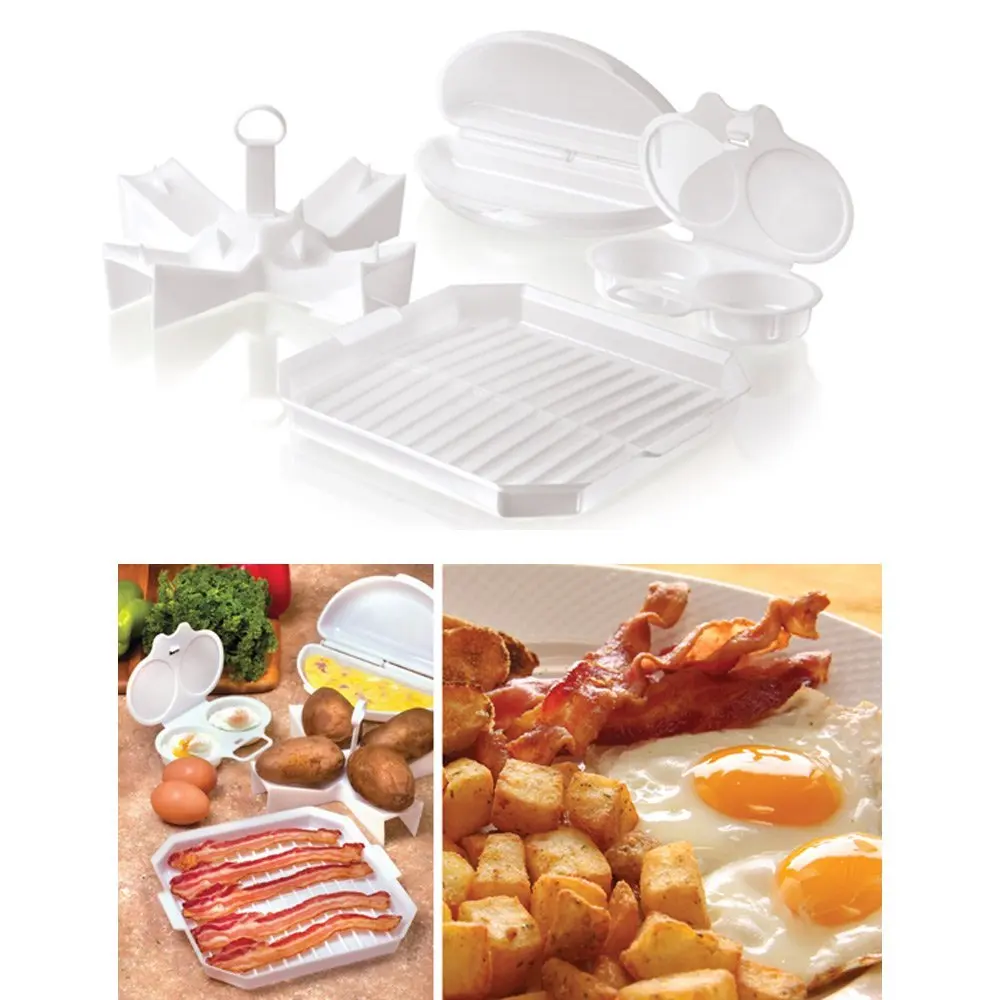 4 PC Microwave Starter Set Eggs Bacon Potatoes Baker Tray Microweavable Cooker !