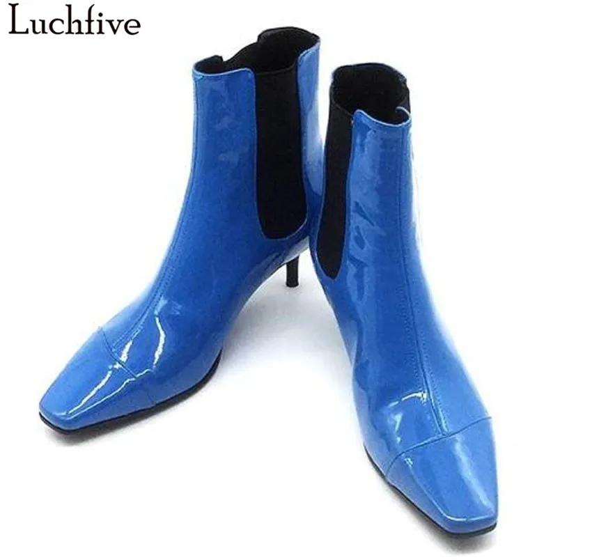

2018 Newest patent leather Short Boots silver blue high heels high quality square toe runway style Ankle Boots for women shoes
