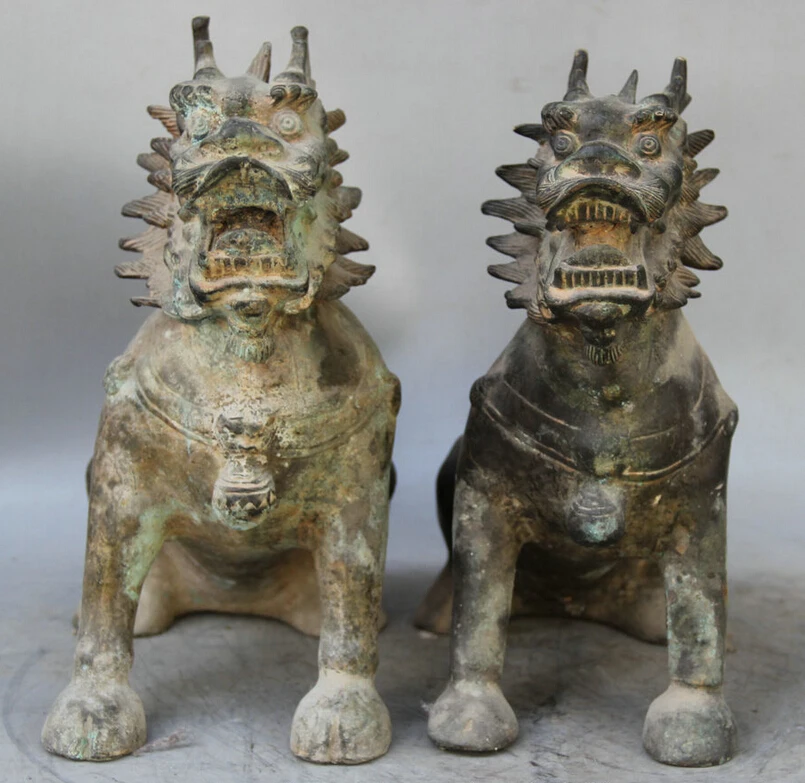 

song voge gem S1753 14" Old Chinese Bronze animal exorcise Kylin Chi-lin Qilin sculpture Statue Pair