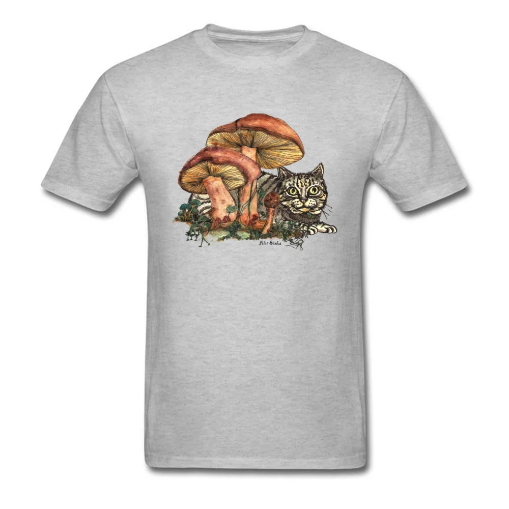 Mushroom and Cat NEW YEAR DAY Cotton Crew Neck Tops & Tees Short Sleeve Crazy Tee-Shirt 2018 New Fashion Comics T-Shirt Mushroom and Cat grey