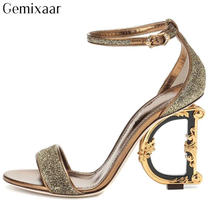 

2019 Luxury Glett Asymmetrical Metal Heel Shoes Woman Peep Toe Narrow Ankle Buckle Sandalias Fashion Metal Strange Heels Sandals