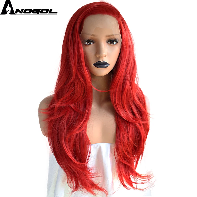 

Anogol Red Long Body Wave High Temperature Fiber Peruca Cabelo Natural Full Hair Wigs Synthetic Lace Front Wig For Women Costume