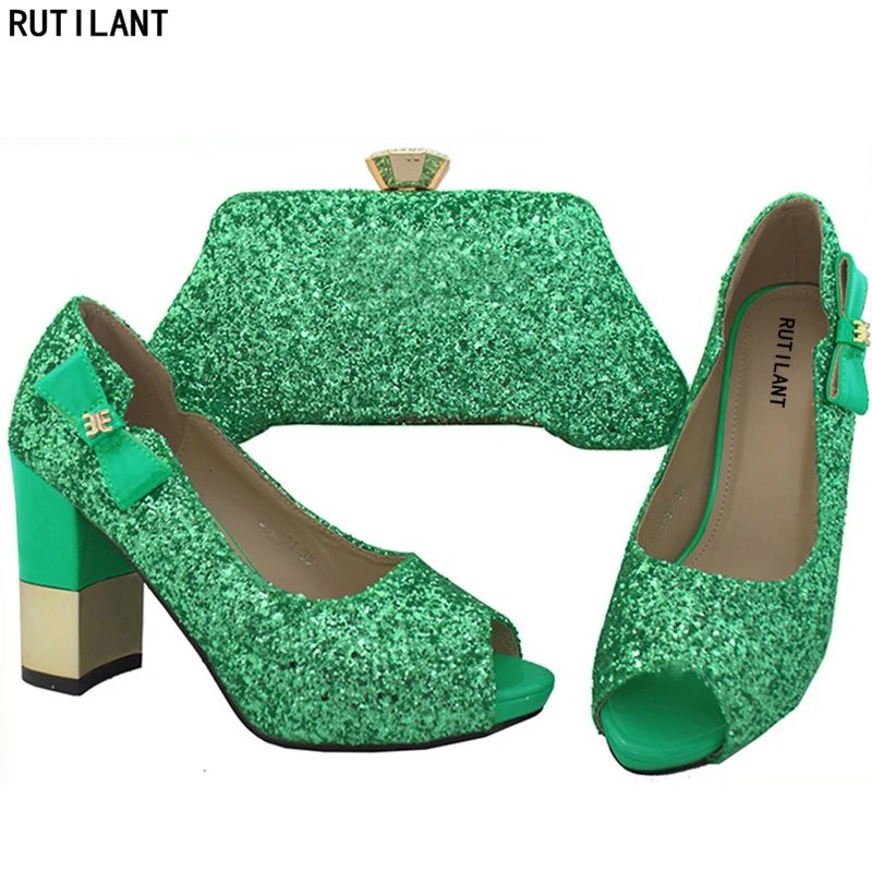 

Latest Green Color Ladies Italian Shoes and Bag Set Decorated with Rhinestone African Matching Shoes and Bags Italian In Women