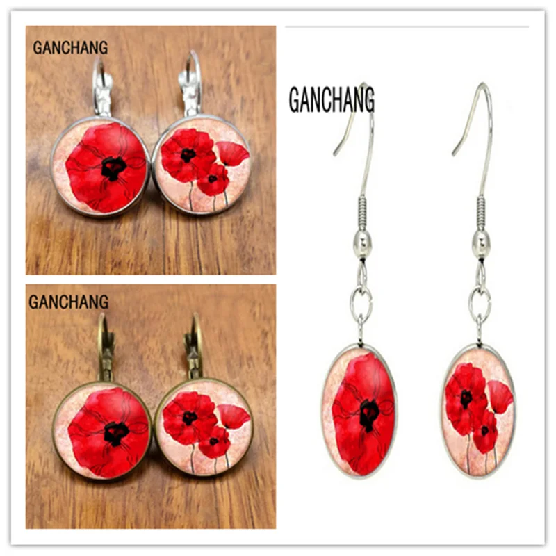 

Pendant earrings, cabochon poppies, simple earrings, poppies