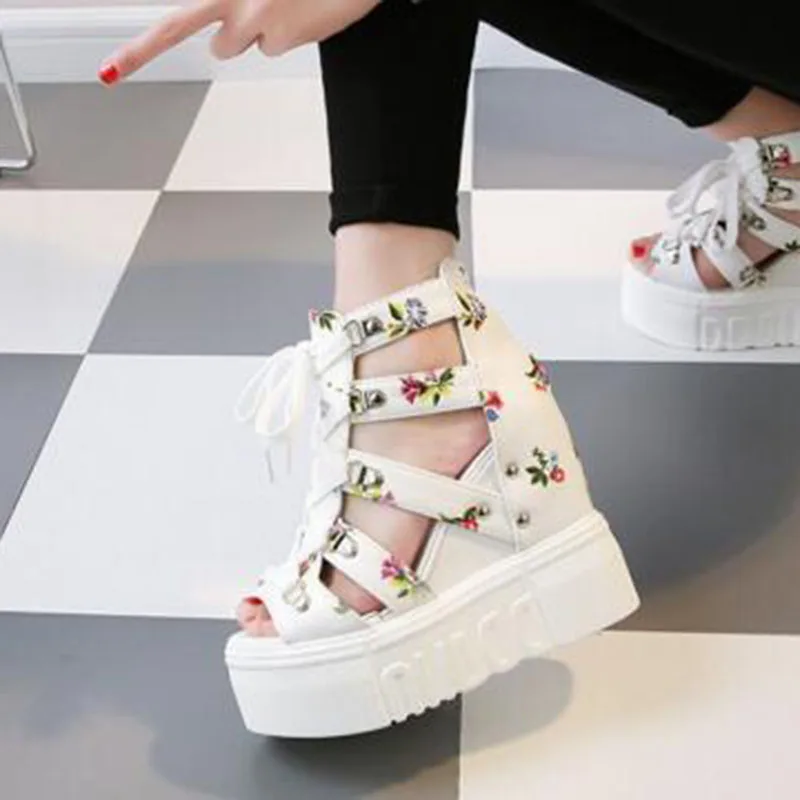 

VANGULL New Gladiator Flower Women Sandals Fashion Platform Lace-up PU Leather Black White Shoes Ladies Casual Party Shoes