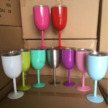 

50pcs/lot 9 Colors 10oz Wine Glasses Stainless Steel Double Wall Insulated Metal Goblet Red Wine Cups With Lids