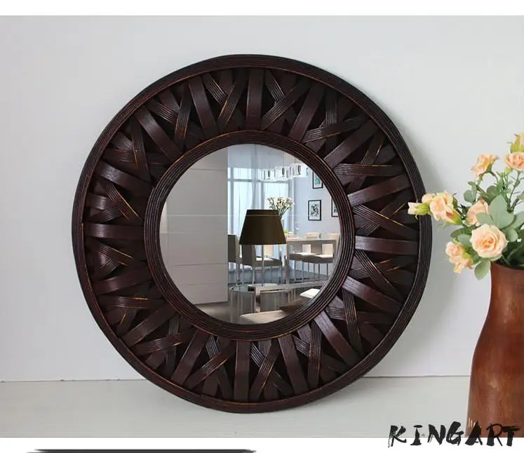 Handmade Bamboo Big Mirror Wooden Frame Round Wall Mirror Hanging Wall Mirror Mural Wall Mirror For Living Room Decoration Craft