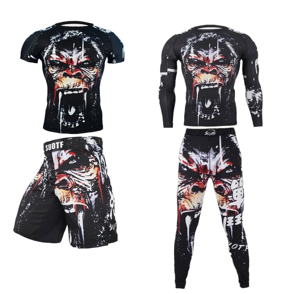 

KickBoxing Jiu Jitsu 3D Monkey Printing T Shirts Mma Rashguard Compression Jerseys Pants Muay Thai Fitness Tights Men Boxing Set